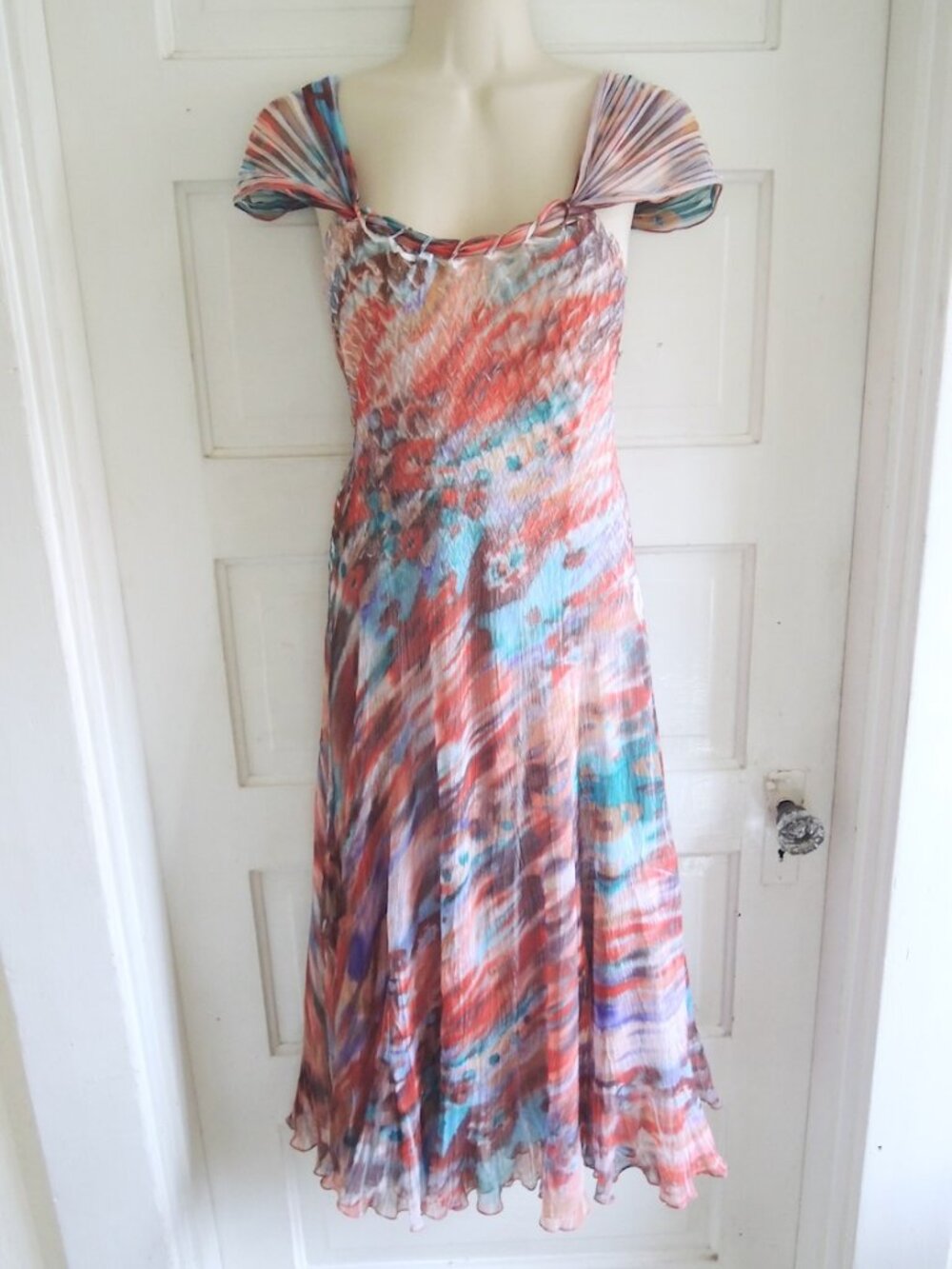 Komarov Orange & Blue Sunrise Crinkle Chiffon Dual Shoulder Party Dress L